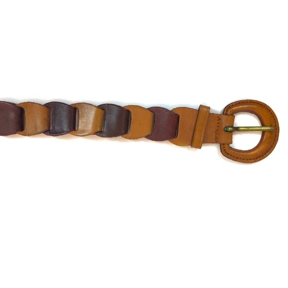 Vtg Leather Chain Link Belt Multicolor Size S 26"-31.5" Earth Tone Boho Woven - Picture 12 of 12